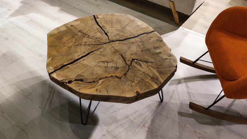Round Coffee Table, Live Edge Slab - Natural Grain | Metal Legs | 36 In | Handcrafted image 4