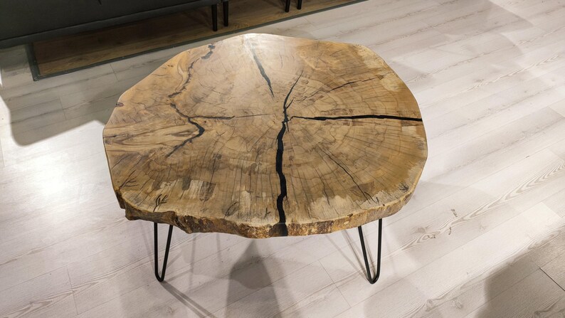 Round Coffee Table, Live Edge Slab - Natural Grain | Metal Legs | 36 In | Handcrafted image 8