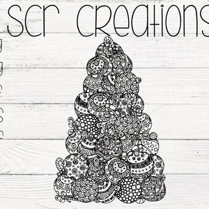 Christmas Tree with Ornaments, Zentangle, Mandala, Svg, Png, Pdf, Eps and Dfx. **Instant Download**