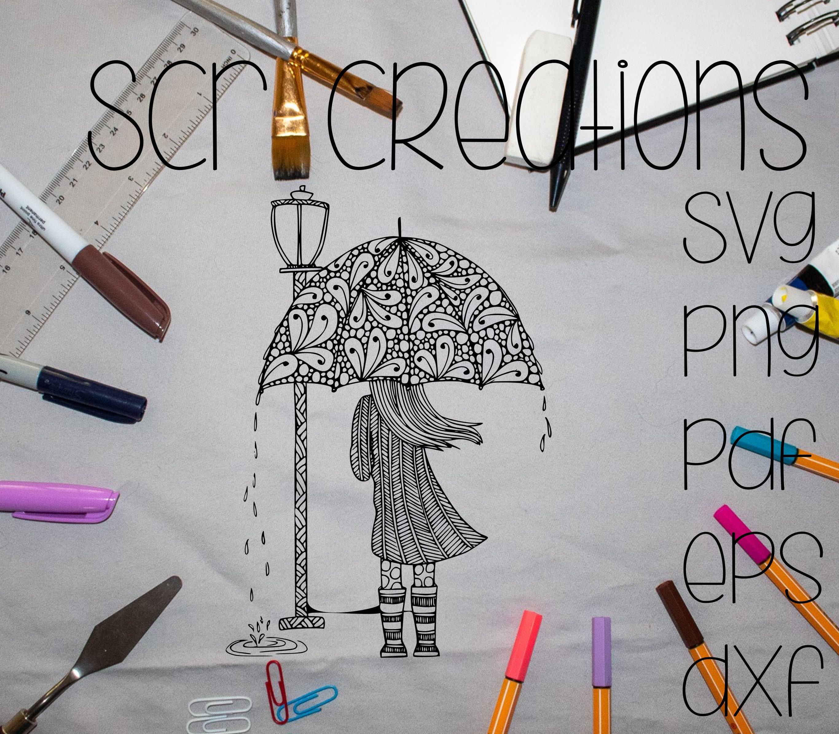 Girl Zentangle With Umbrella, Svg, Png, Pdf, Eps and Dfx Files instant
