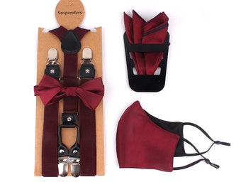 Men's Bow Ties|Wine Red Bow Tie Pocket Square Set|Wedding Bow Tie|Groom Bowtie|Suspenders Bowtie Face Cover |Bow Tie Face Mask For Groomsmen