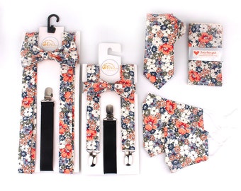 Cotton Suspender Bow Tie Set|Adjustable Suspenders Men |Adult Kids Braces Bow Ties Sets|Floral Neck Ties Face Mask Sets|Gift For Wedding