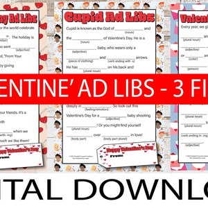 May include: Three printable Valentine's Day Ad Libs activity sheets with a red, white, and blue color scheme. Each sheet features a different Valentine's Day theme: "Valentine's Day Ad Libs", "Cupid Ad Libs", and "Valentine's Ad Libs".