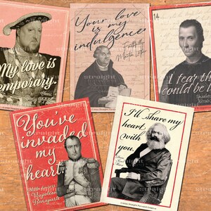 K&ouml;nnte beinhalten: F&uuml;nf Vintage-Valentinstagskarten mit historischen Pers&ouml;nlichkeiten und humorvollen Zitaten. Die Karten sind rot, rosa und wei&szlig; mit schwarzem Text. Die Zitate lauten: "Meine Liebe ist vor&uuml;bergehend." von Heinrich VIII., "Deine Liebe ist meine Nachsicht." von Martin Luther, "Ich bef&uuml;rchte, das k&ouml;nnte Liebe sein." von Niccol&ograve; Machiavelli, "Du hast mein Herz erobert." von Napoleon Bonaparte und "Ich teile mein Herz mit dir." von Karl Marx.
