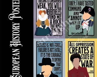 May include: Four colorful posters featuring famous historical figures with quotes. The posters are in a grid layout with a black background. The top left poster features Queen Elizabeth I with the quote "Though the sex to which I belong is considered weak, you will nevertheless find me a rock that bends to no wind." The top right poster features Napoleon Bonaparte with the quote "I can no longer obey; I have tasted command and cannot give it up." The bottom left poster features Winston Churchill with the quote "Success is not final, failure is not fatal: it is the courage to continue that counts." The bottom right poster features Simone de Beauvoir with the quote "All oppression creates a state of war."