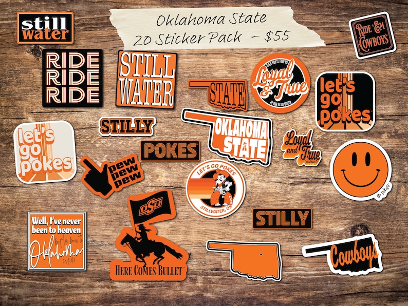 Puede incluir: Un conjunto de 20 pegatinas de la Universidad Estatal de Oklahoma con varios dise&ntilde;os, incluyendo la mascota de la escuela, el contorno del estado y frases como "Ride 'em Cowboys" y "Let's Go Pokes".