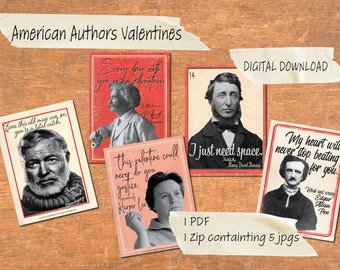 DESCARGA DIGITAL - San Valentín de literatura americana / Imprimir desde casa / Edgar Allan Poe / Twain / Thoreau / Harper Lee / Hemingway / Inglés
