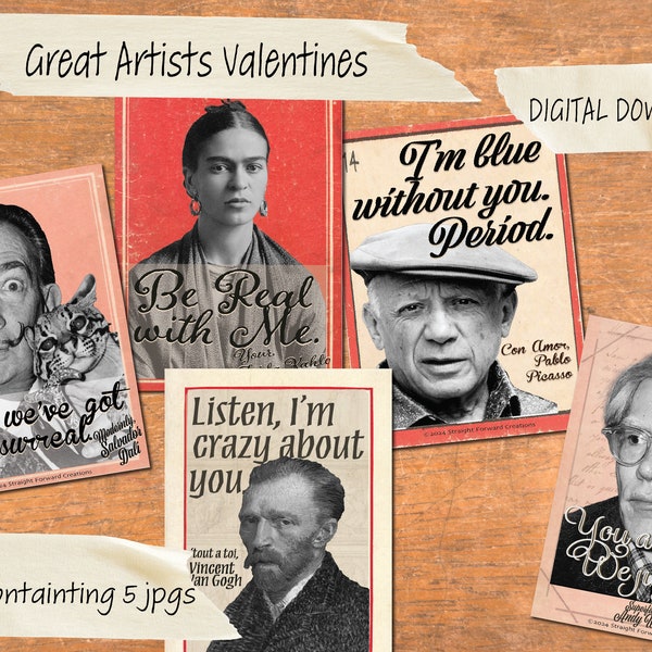 DIGITAL DOWNLOAD - Printable -Great Artists Valentines | Art History | Picasso | Dali | Warhol | Frida Kahlo | Van Gogh | Humorous Valentine