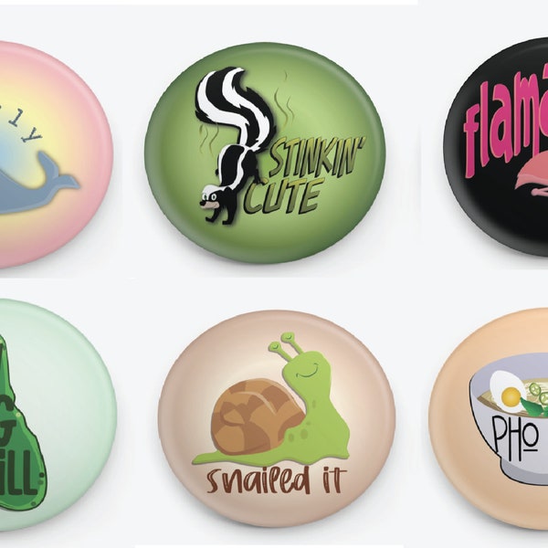 Pinback Buttons | 1.5 in diameter | Individual or Set of 6 | Backpack Buttons | Bulletin Board Buttons | Party Favors | Valentines |