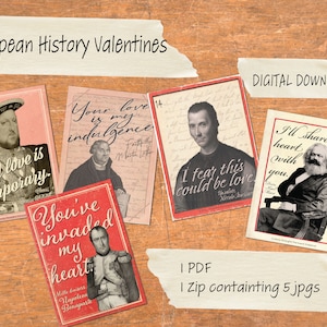K&ouml;nnte beinhalten: F&uuml;nf druckbare Valentinstagskarten mit historischen Pers&ouml;nlichkeiten und humorvollen Bildunterschriften. Die Karten sind rot und rosa mit schwarzem Text. Die Figuren sind Heinrich VIII., Martin Luther, Nikolaus Kopernikus, Napoleon Bonaparte und Karl Marx.