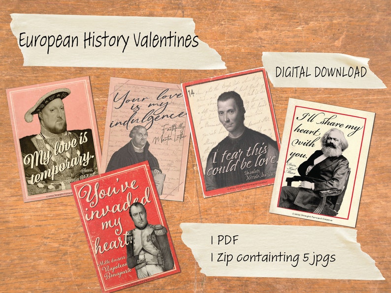 K&ouml;nnte beinhalten: F&uuml;nf druckbare Valentinstagskarten mit historischen Pers&ouml;nlichkeiten und humorvollen Bildunterschriften. Die Karten sind rot und rosa mit schwarzem Text. Die Figuren sind Heinrich VIII., Martin Luther, Nikolaus Kopernikus, Napoleon Bonaparte und Karl Marx.