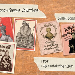 Könnte beinhalten: Fünf druckbare Valentinstagskarten mit Porträts europäischer Königinnen und romantischen Zitaten. Die Karten sind im Vintage-Stil mit roten, rosa und weißen Hintergründen.