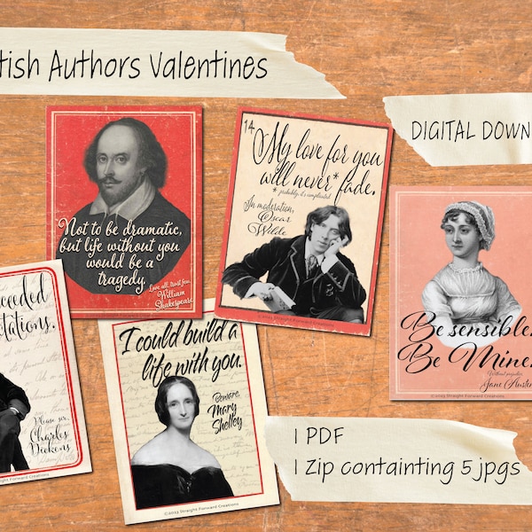 DIGITAL DOWNLOAD - English Literature Valentines | Print at Home | Shakespeare | Oscar Wilde | Mary Shelley | Charles Dickens | Jane Austen