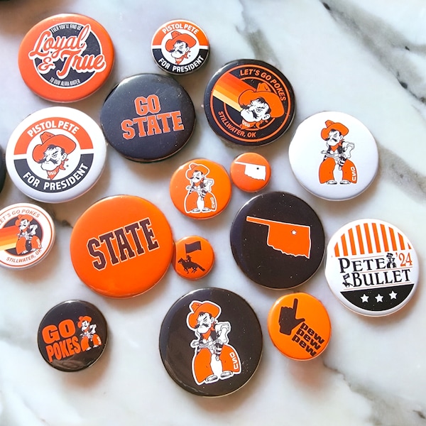 Oklahoma State Pinback Buttons | Licensed Product | OSU Cowboys | Go Pokes | Orange and Black | Ride 'Em Cowboys | Loyal and True | Okstate