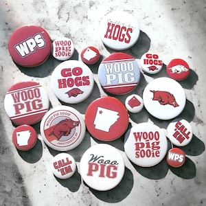 Arkansas Razorbacks Pinback Buttons | Licensed Product | Go Hogs | Woo Pig Sooie | WPS | Call the Hogs | Gameday Attire | Student Alumni
