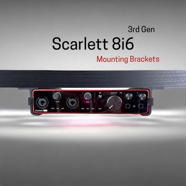 Focusrite Scarlett 8i6 (3rd generation) Desk Mounting Bracket | Reversible Retention Security Clips | Snug Fit | Screws included.