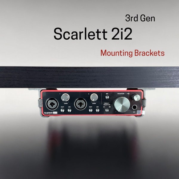 Focusrite Scarlett 2i2 (3rd generation) Desk Mounting Bracket | Reversible Retention Security Clips | Snug Fit | Screws included.