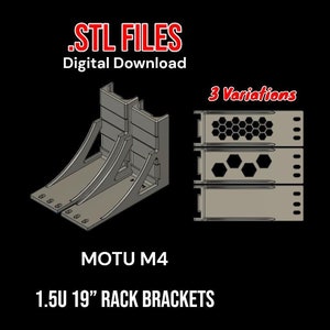 Pode incluir: Arquivos STL para impressão 3D de suportes de rack de 1,5U 19" para MOTU M4. A imagem mostra dois suportes e três variações da placa frontal do suporte com diferentes padrões de ventilação.