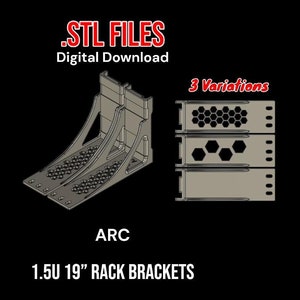 Puede incluir: Archivos STL imprimibles en 3D para soportes de rack de 1,5U 19". La imagen muestra dos soportes de color gris con un patrón de panal. El texto "ARC" y "3 Variaciones" también es visible.