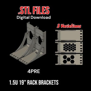 Pode incluir: Arquivos STL para impressão 3D de suportes de rack de 1,5U 19". A imagem mostra dois suportes em uma renderização 3D, juntamente com três variações do design do suporte. O texto "4PRE" e "3 Variations" é visível na imagem.