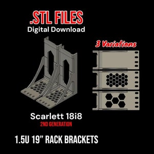 以下が含まれることがあります： 1.5U 19インチラックブラケットの3つのバリエーション。ハニカムパターンを施した金属製ブラケットで、デジタルダウンロード形式です。STLファイルは3Dプリント用です。画像は3Dレンダリングでブラケットを示しています。