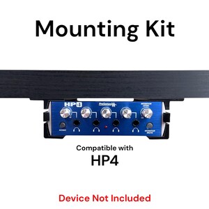 May include: A blue mounting kit for the HP4 Precision Hi-Fi audio interface. The kit includes a bracket that attaches to a desk or shelf, and a mounting plate that holds the audio interface. The kit is compatible with the HP4 audio interface. Device not included.