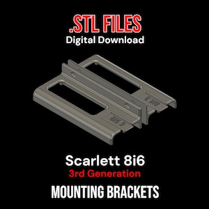 May include: 3D printed mounting brackets for a Scarlett 8i6 3rd Generation audio interface. The brackets are made of grey plastic and have a rectangular shape. The text '.STL FILES Digital Download' is visible at the top of the image.