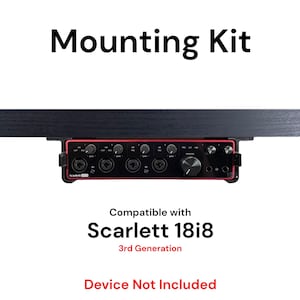 May include: A black mounting kit for a red Focusrite Scarlett 18i8 3rd Generation audio interface. The kit is compatible with the Scarlett 18i8 3rd Generation. Device not included.
