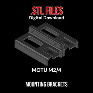 May include: Digital download of STL files for MOTU M2/4 mounting brackets. The image shows two dark grey brackets with a rectangular shape and cut-out sections. The text "STL FILES Digital Download" is at the top, and "MOTU M2/4 MOUNTING BRACKETS" is at the bottom.