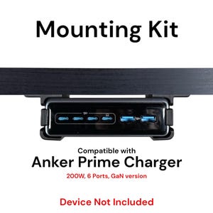 Puede incluir: Un kit de montaje negro para un cargador Anker Prime de 200 W con 6 puertos y tecnología GaN. El texto "Mounting Kit" está en la parte superior de la imagen. El texto "Compatible with Anker Prime Charger" está debajo de la imagen del kit de montaje. El texto "200W, 6 Ports, GaN version" está debajo del texto "Compatible with Anker Prime Charger". El texto "Device Not Included" está en la parte inferior de la imagen.