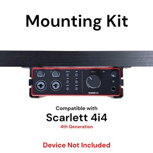 May include: A black mounting kit for a red Scarlett 4i4 audio interface. The kit is compatible with the 4th generation of the interface. The text "Device Not Included" is printed below the product name.