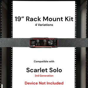 Pode incluir: Kit de montagem em rack de 19 polegadas com 4 variações. Compatível com Scarlet Solo 3rd Generation. A imagem mostra um suporte de rack preto com uma interface de áudio montada.