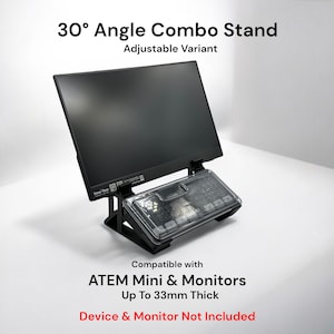 Può includere: Un supporto combinato nero con un angolo di 30 gradi con una variante regolabile. Il supporto è compatibile con ATEM Mini e monitor fino a 33 mm di spessore. Dispositivo e monitor non inclusi.