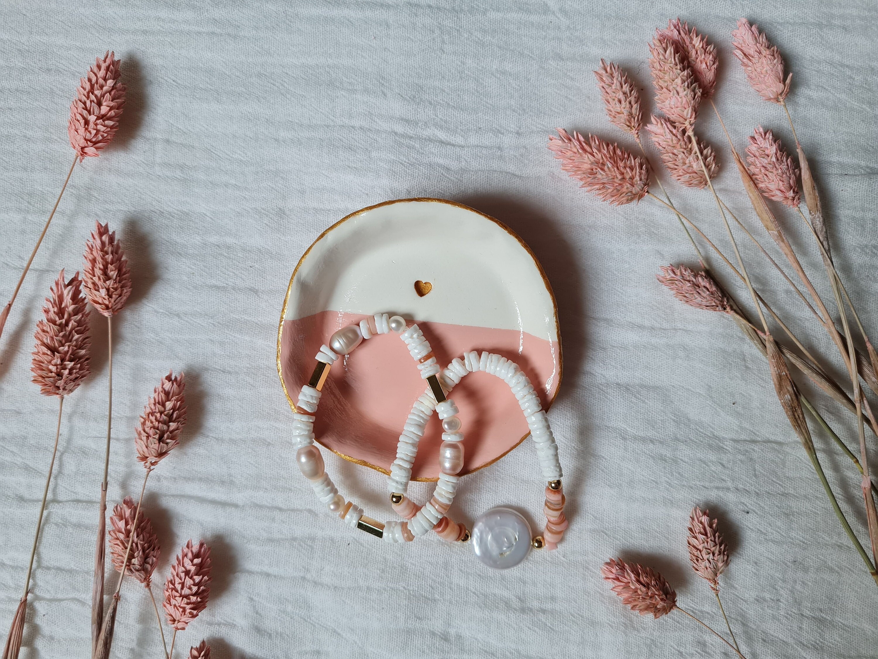 Coupelle à Bijoux en Argile Rose, Blanche et Dorée