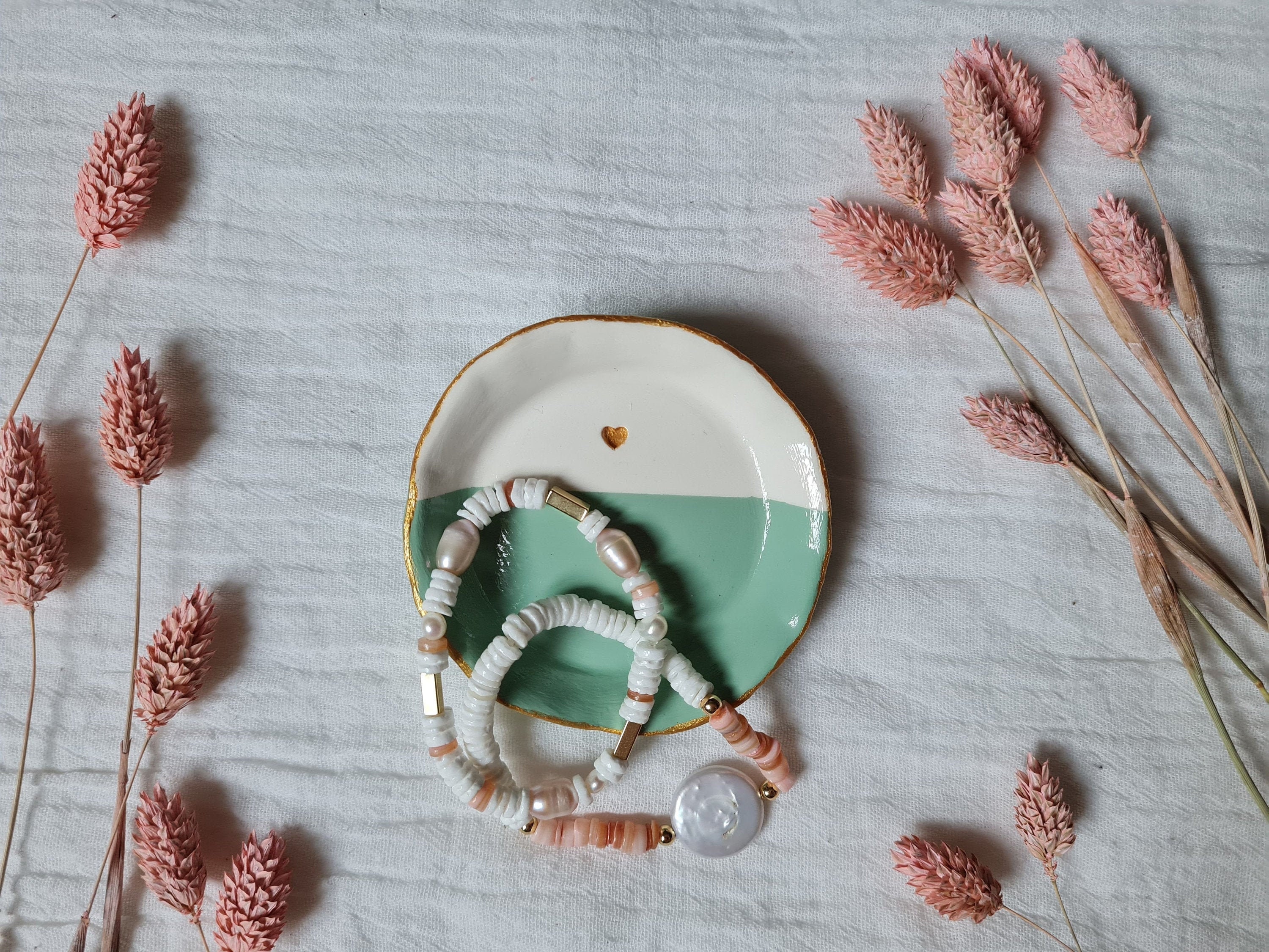 Coupelle à Bijoux en Argile Verte, Blanche et Dorée