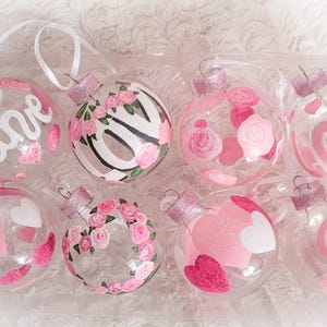 VALENTINE&#39;S Day Tree Decor | Handpainted Ornaments | Love Hearts Be Mine Pink and White Set