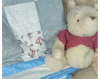 Handmade Winnie the Pooh Baby Quilt | Blue & Grey Crib Bedding