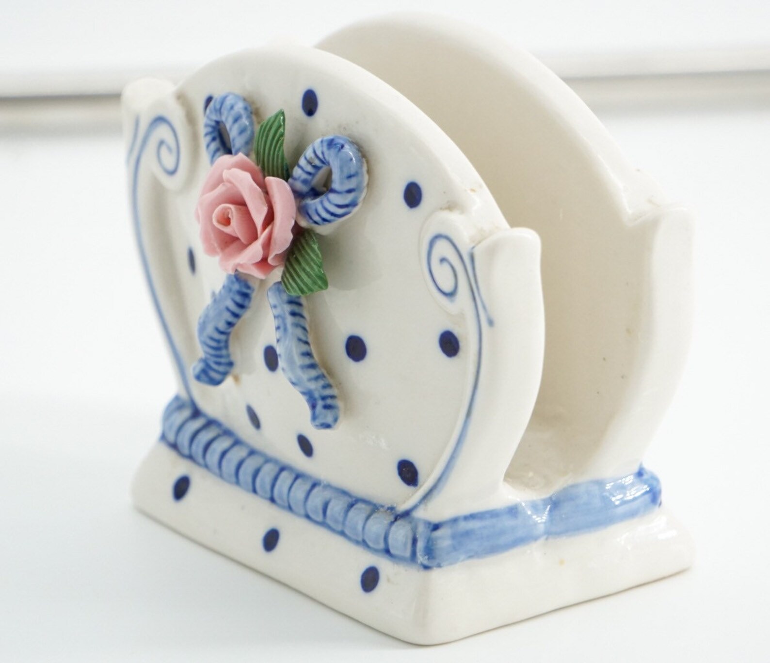 Antique White Ceramic Napkin Holder w/ Blue Polka Dots & 3D Etsy