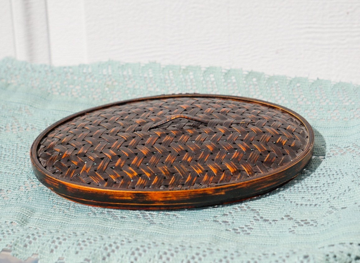 Rustic Black Woven Basket with Lid Vintage Storage Basket Etsy
