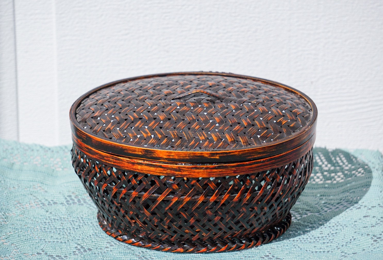 Rustic Black Woven Basket with Lid Vintage Storage Basket Etsy