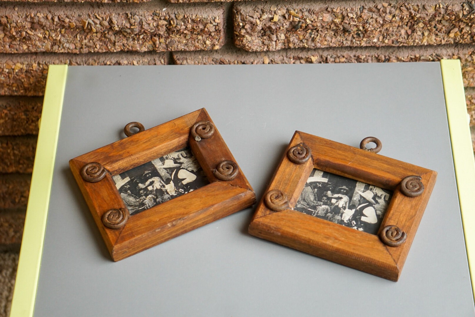 Pair of Mini Mexican Wood Picture Frames w/ Metal Coil Accents Etsy