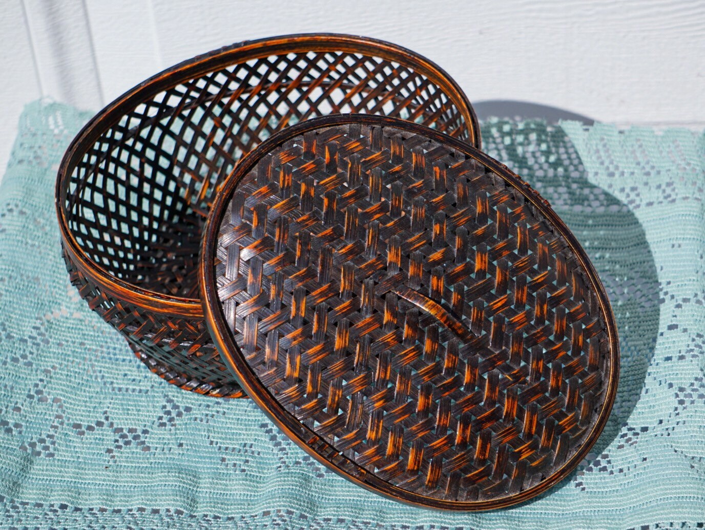 Rustic Black Woven Basket with Lid Vintage Storage Basket Etsy