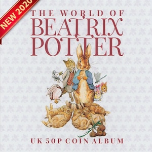 Peut inclure: Un album de pièces de monnaie avec des illustrations des personnages de Beatrix Potter, dont Pierre Lapin. La couverture affiche le texte "The World of Beatrix Potter" et "UK 50P Coin Album". Une bannière rouge en haut à gauche indique "NEW 2020".