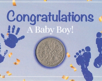 Congratulations A Baby Boy New Born Lucky British Sixpence Coin Keepsake Christening