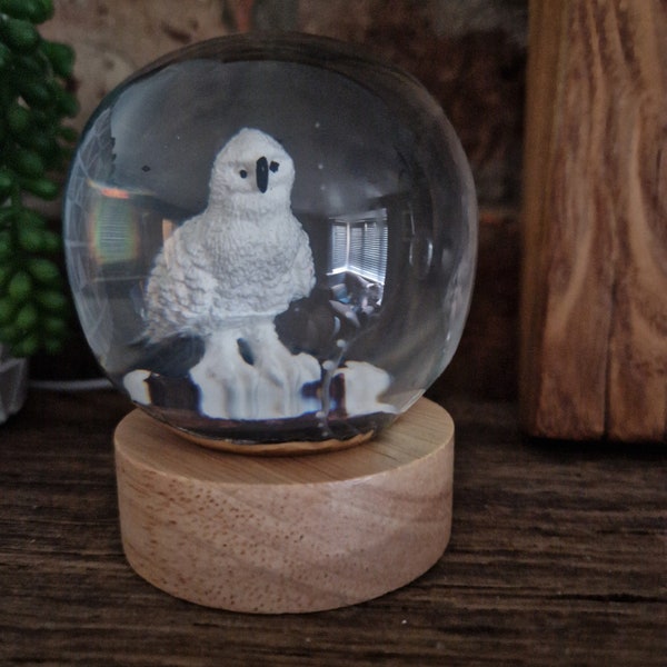Unique White Owl led light, handcrafted, lamp, resin, wood, owl,
