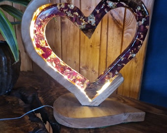 Stunning handcrafted Resin and Wood heart shaped lamp, led light, valentines, gift, unique, handcrafted