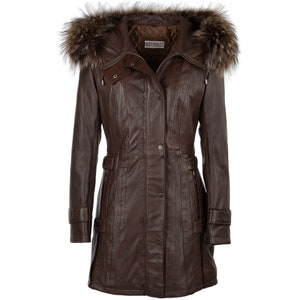 Leather long coat for womens Hooded Coat Brown colour with fur outerwear on hooded on the coat lades long coat for winter best gift for wife