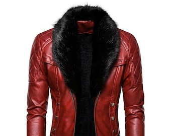 Mens Faux Leather Jacket Punk Rivet Motorcycle Faux Fur Collar Fleeces Line