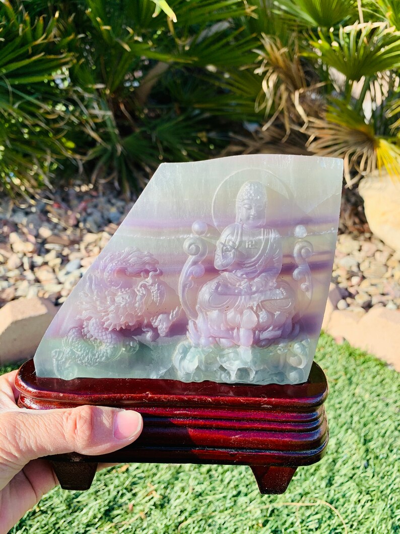 Unique and beautiful Buddha Dragon Fluorite Slab Carving with st Unique and beautiful Buddha Dragon Fluorite Slab Carving with st