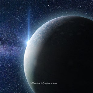 May include: A dark gray planet with a bright white star in the background. The planet is surrounded by a field of stars.